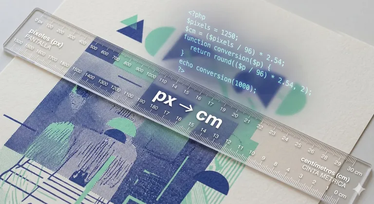 Regla de medición cruzando píxeles y centímetros con código PHP de fondo.