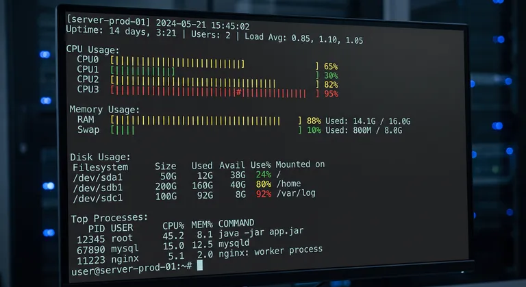 Terminal mostrando métricas de CPU, RAM y disco con gráficos de barras en texto.