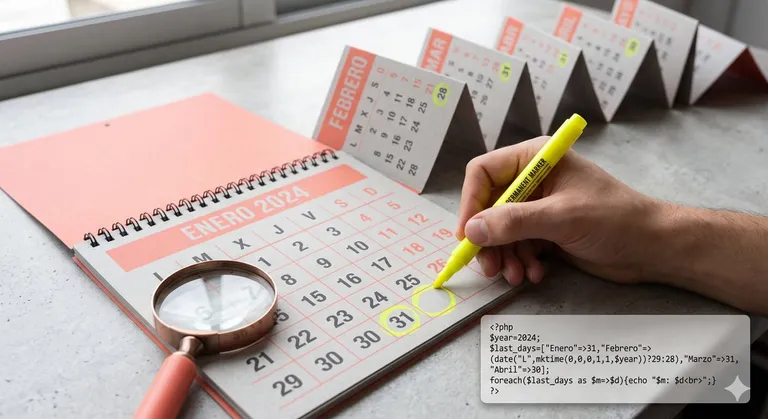 Calendario con el último día de cada mes marcado y fragmento de código PHP.